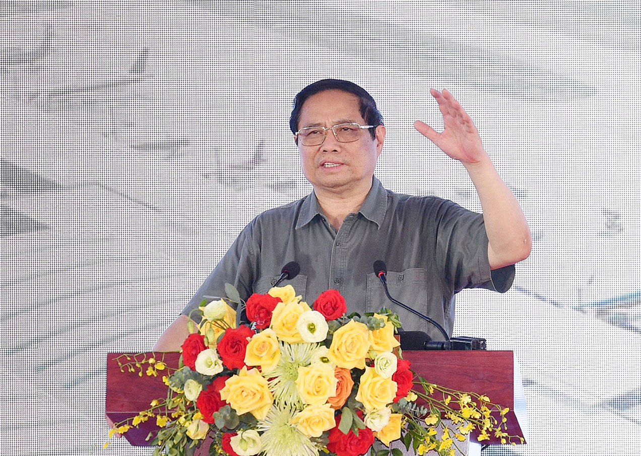 Thủ tướng Phạm Minh Chính phát biểu tại Lễ khởi công Dự án mở rộng Nhà ga hành khách T2 (Nội Bài).