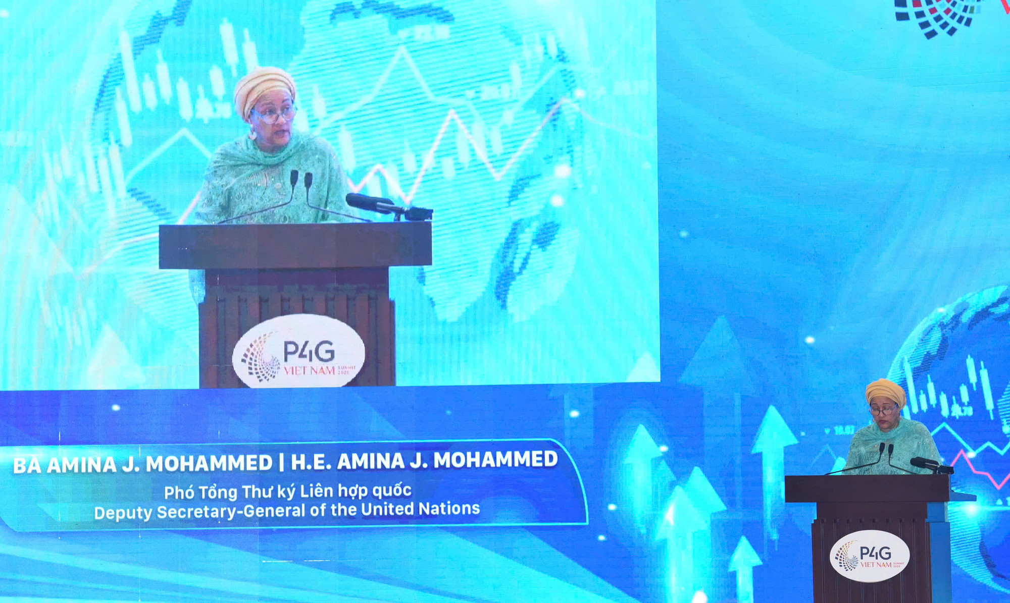 Phó Tổng Thư ký Liên hợp quốc Amina Mohammed phát biểu tại phiên đối thoại. (Ảnh: TRẦN HẢI) Phó Tổng Thư ký Liên hợp quốc Amina Mohammed phát biểu tại phiên đối thoại. (Ảnh: TRẦN HẢI)