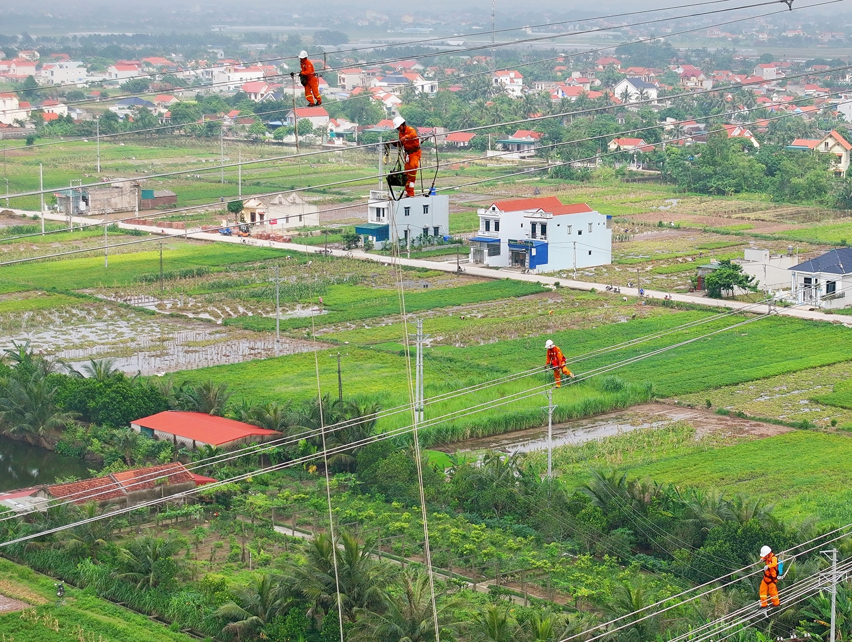 Các kỹ sư và công nhân ngành điện treo mình thi công trên cao. (Ảnh: TUẤN HUY)