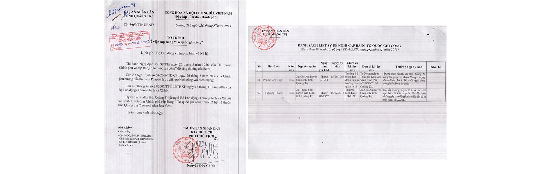 Tờ trình số 1404 ngày 20/5/2013 của Ủy ban nhân dân tỉnh Quảng Trị gửi Bộ LĐ-TBXH đề nghị công nhận liệt sĩ cho ông Phạm Công Lập và 1 liệt sĩ khác.