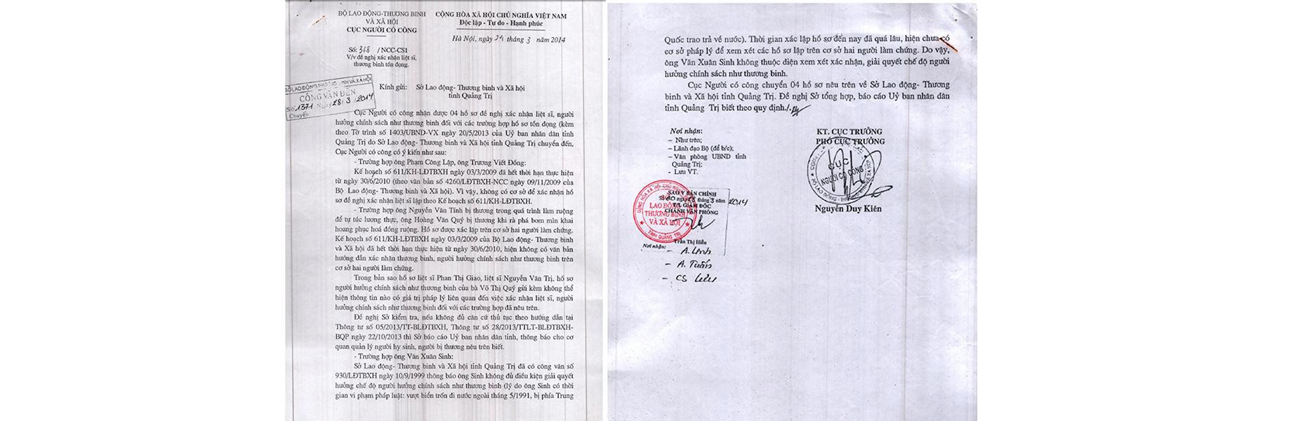 Công văn trả lời số 368, ngày 24/3/2014 của Cục Người có công gửi UBND tỉnh Quảng Trị nói rõ trường hợp ông Phạm Công Lập không có cơ sở để xác nhận hồ sơ đề nghị công nhận liệt sĩ lập theo Kế hoạch 611/KH-LĐTBXH.