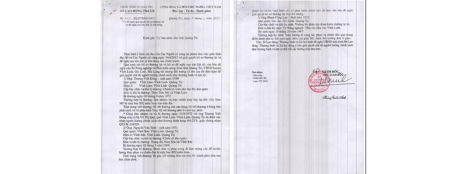 Sở Lao động-Thương binh và Xã hội Quảng Trị đề nghị UBND tỉnh Quảng Trị xem xét công nhận liệt sĩ cho các trường hợp, trong đó có ông Phạm Công Lập.