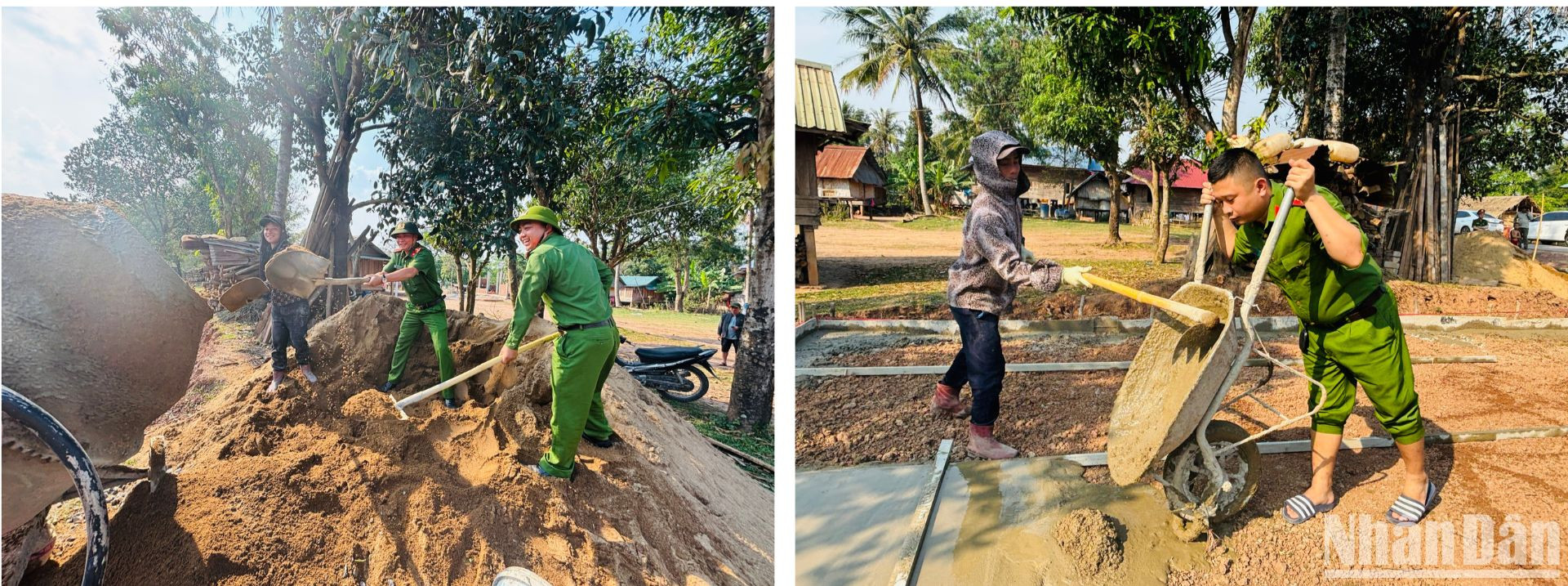 Cán bộ, chiến sĩ công an các xã biên giới tích cực tham gia xây dựng nhà mới cho các hộ nghèo trên địa bàn.