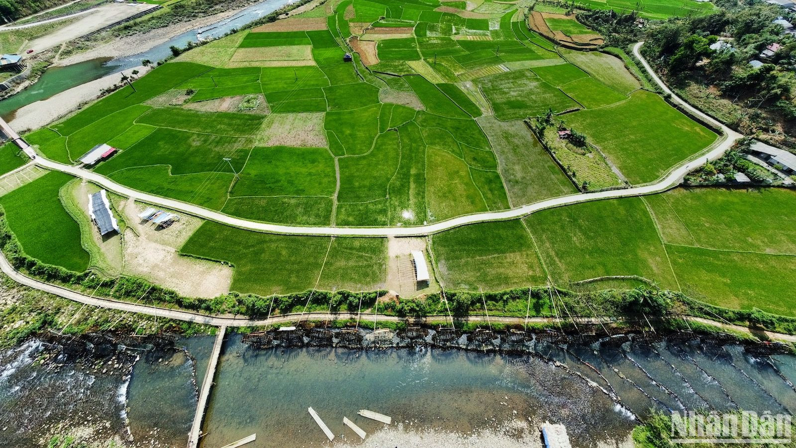 Khoảng tháng 2, tháng 3, bản Nà Khương được bao bọc bởi những đồng lúa xanh mướt mát, mênh mông.