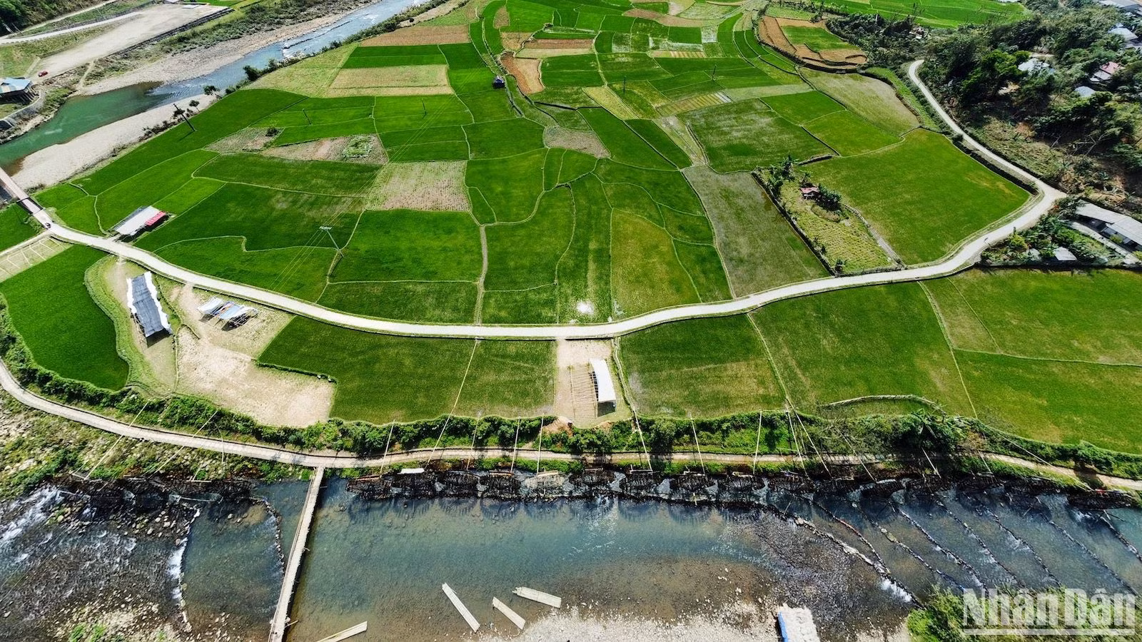 Khoảng tháng 2, tháng 3, bản Nà Khương được bao bọc bởi những đồng lúa xanh mướt mát, mênh mông.