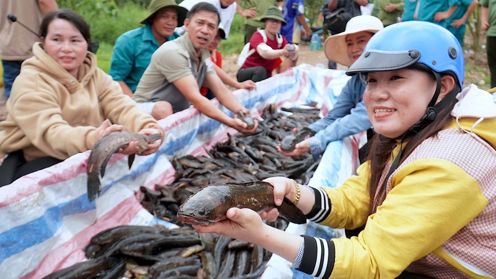 Khách tham quan thích thú khi tự tay bắt những con cá đồng tại miệt rừng U Minh Hạ.