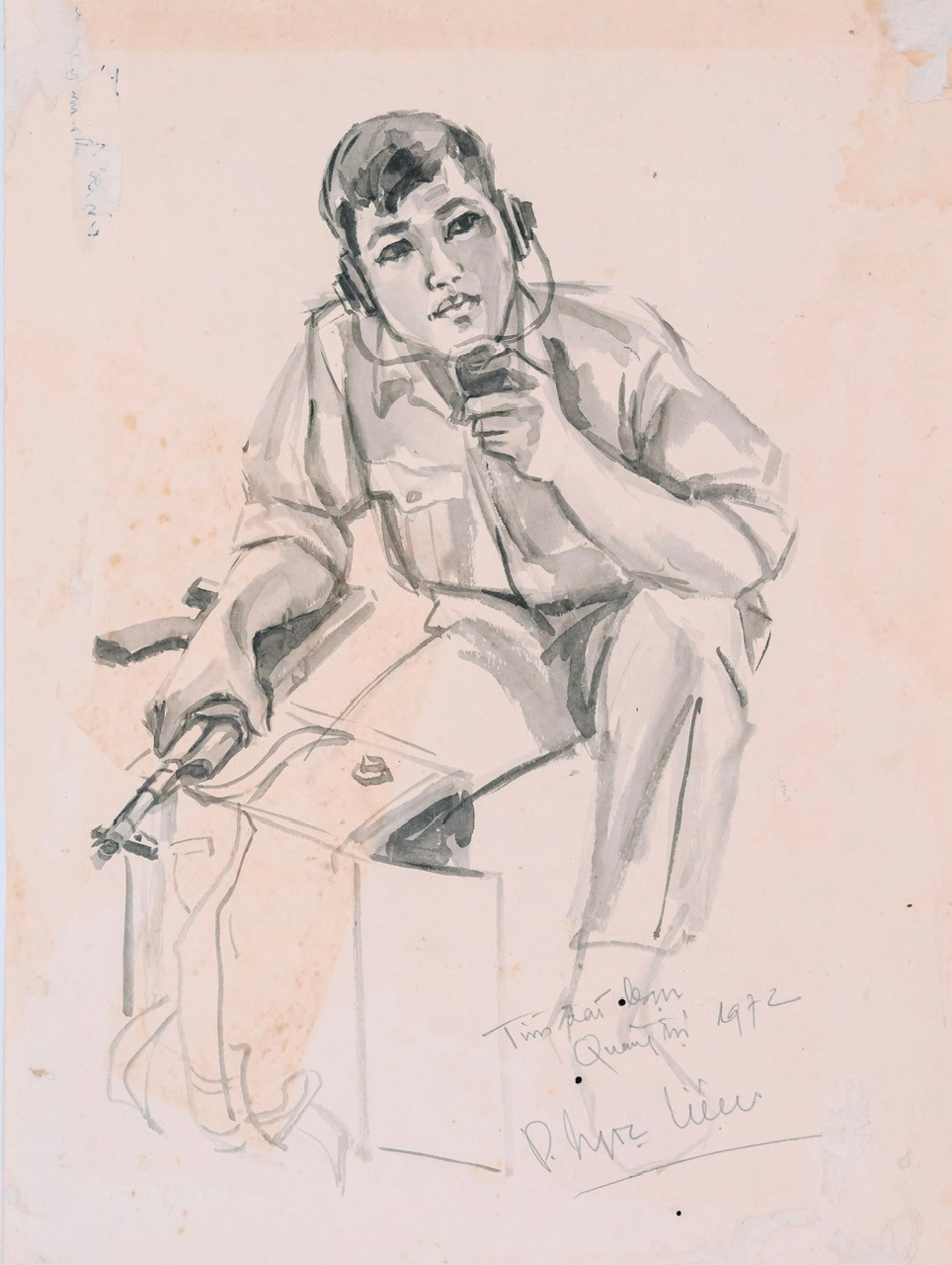 Tác phẩm "Tìm đài bạn", ký họa chiến trường năm 1972. Tác phẩm "Tìm đài bạn", ký họa chiến trường năm 1972.