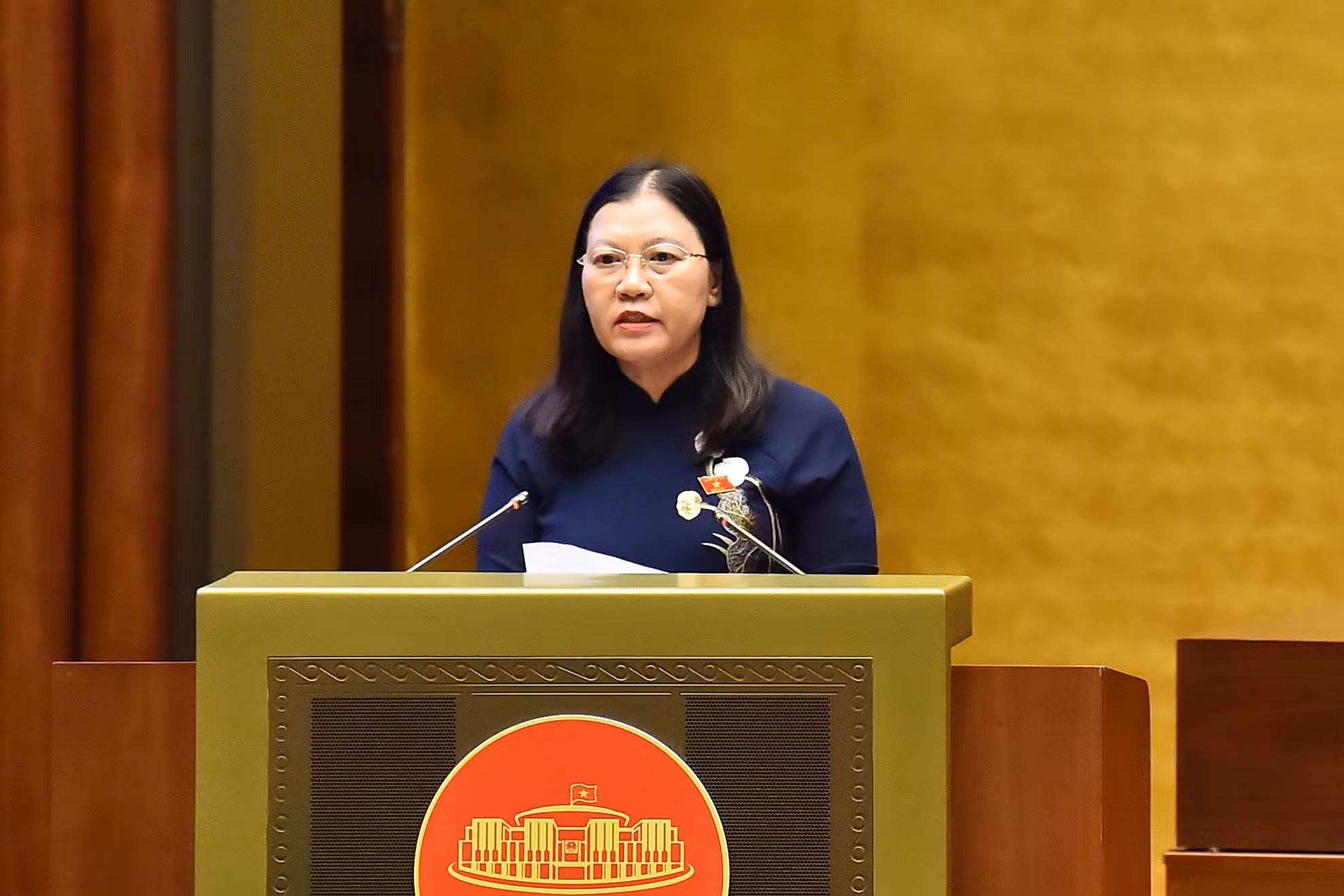 Chủ nhiệm Ủy ban Tư pháp của Quốc hội Lê Thị Nga trình bày Báo cáo giải trình, tiếp thu, chỉnh lý dự thảo Luật Tổ chức Tòa án nhân dân (sửa đổi).