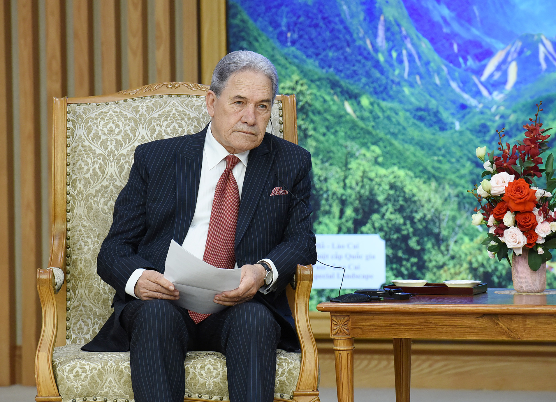 Phó Thủ tướng, Bộ trưởng Ngoại giao New Zealand Winston Peters phát biểu tại buổi tiếp.