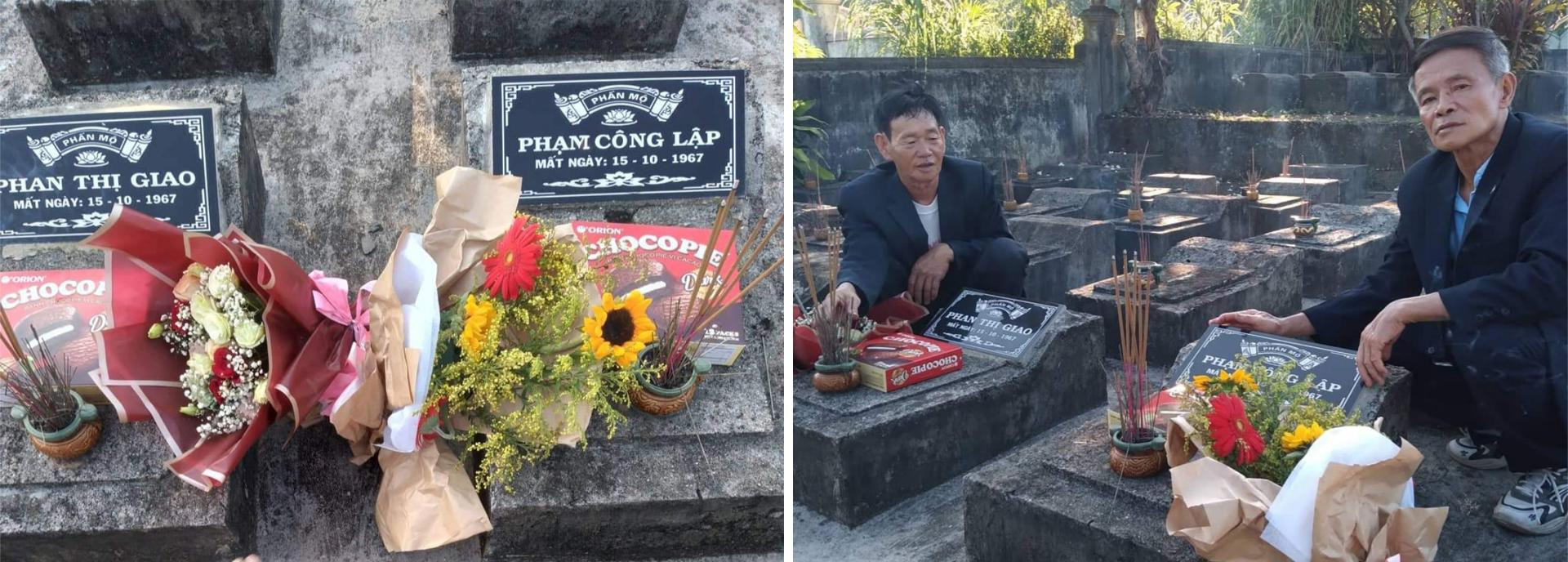 Mộ của ông Phạm Công Lập và liệt sĩ Phan Thị Giao hy sinh cùng ngày, tháng, năm đang bên nhau ở nghĩa trang dòng họ Phan tại thôn Hương Nam, xã Kim Thạch, huyện Vĩnh Linh, tỉnh Quảng Trị (Ảnh trái). Ông Phạm Công Đức ( ngồi bên phải) và em ruột của bà Phan Thị Giao thắp hương cho bố và chị gái của mình (Ảnh phải)