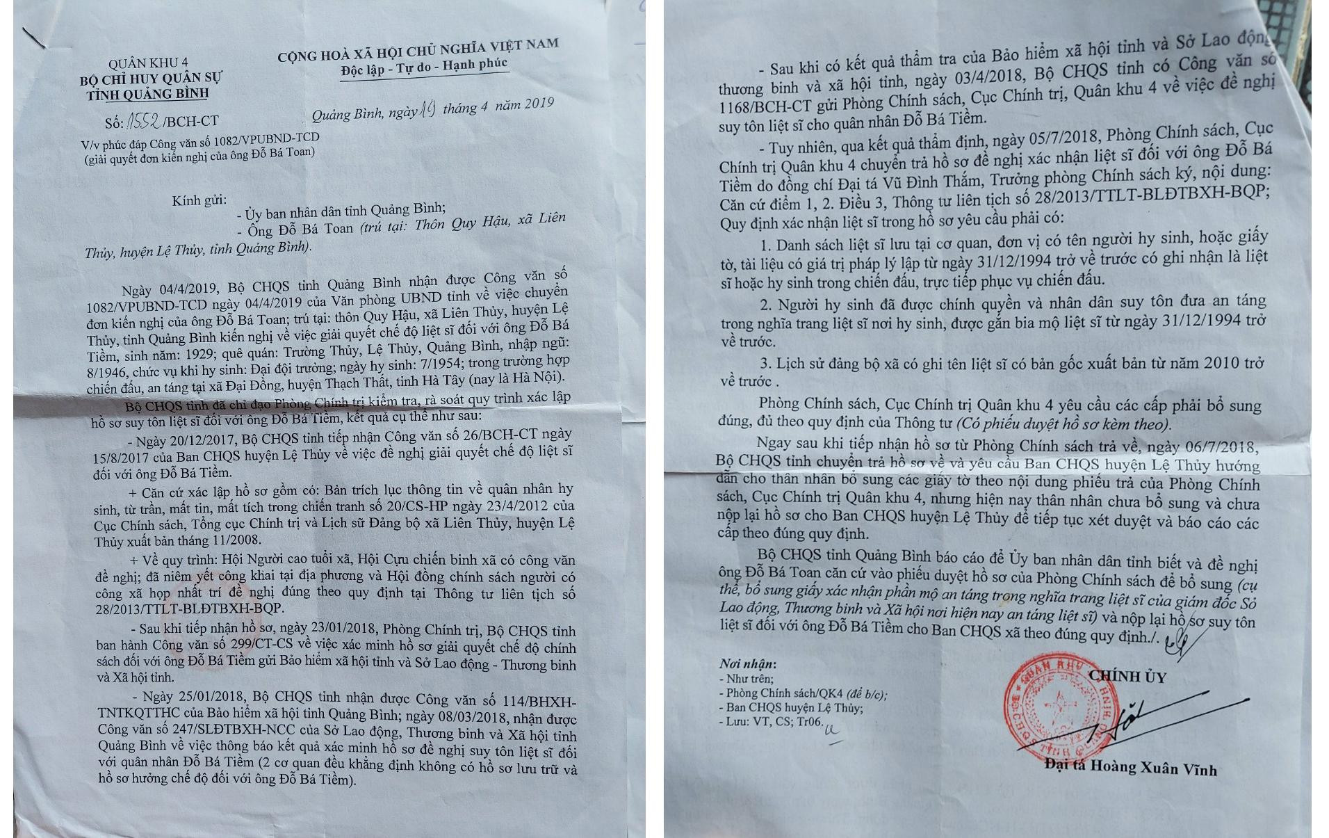 Công văn phúc đáp số 1552/BCT-CT ngày 19/4/2019 yêu cầu ông Toan bổ sung giấy xác nhận phần mộ an táng cụ Đỗ Bá Tiềm trong nghĩa trang liệt sĩ của Giám đốc sở Lao động-Thương binh và Xã hội nơi hiện nay an táng cụ. Công văn phúc đáp số 1552/BCT-CT ngày 19/4/2019 yêu cầu ông Toan bổ sung giấy xác nhận phần mộ an táng cụ Đỗ Bá Tiềm trong nghĩa trang liệt sĩ của Giám đốc sở Lao động-Thương binh và Xã hội nơi hiện nay an táng cụ.