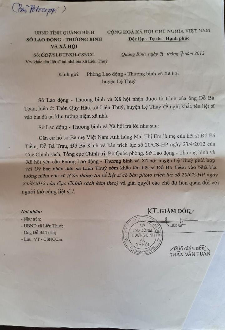Sở Lao động-Thương binh và Xã hội tỉnh Quảng Bình có Công văn số 607/SLĐTBXH-CSNNC yêu cầu sớm khắc tên liệt sĩ Đỗ Bá Tiềm vào Nhà bia tưởng niệm của xã và giải quyết các chế độ liên quan. Sở Lao động-Thương binh và Xã hội tỉnh Quảng Bình có Công văn số 607/SLĐTBXH-CSNNC yêu cầu sớm khắc tên liệt sĩ Đỗ Bá Tiềm vào Nhà bia tưởng niệm của xã và giải quyết các chế độ liên quan.