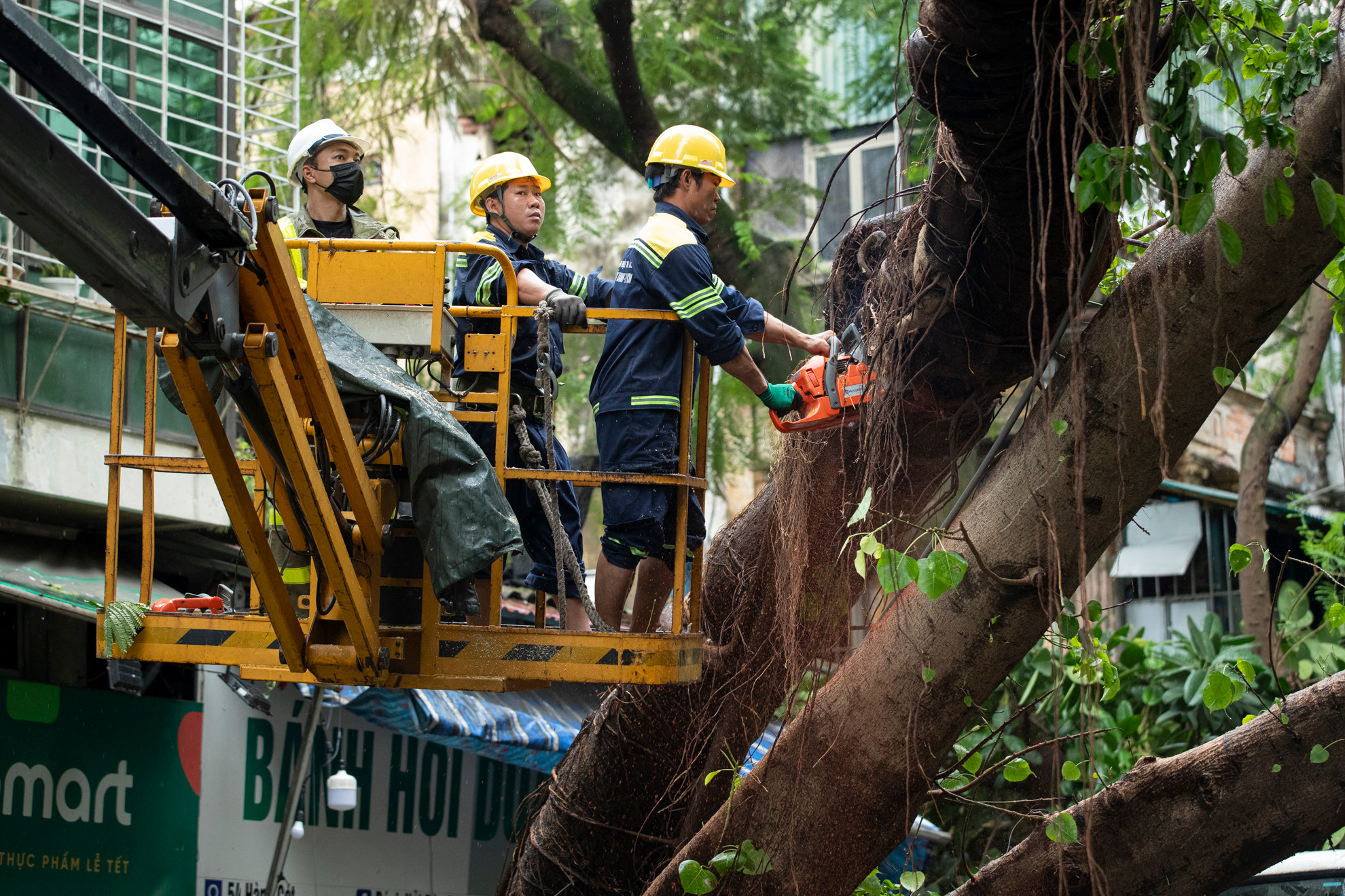 Những tình nguyện viên từ Thành phố Hồ Chí Minh được thành phố Hà Nội hỗ trợ phương tiện như xe nâng, xe cẩu để hoàn thành công việc một cách nhanh nhất.
