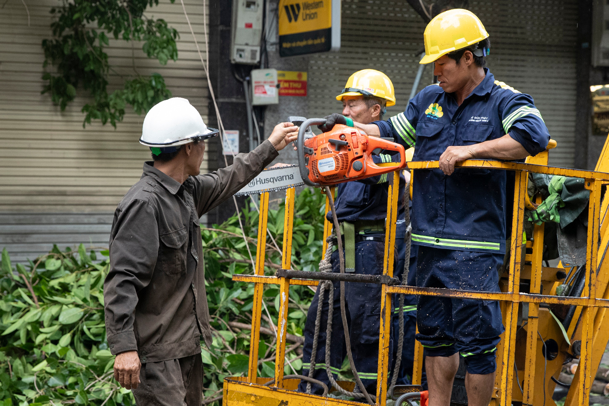 Những cán bộ, công nhân cây xanh của thành phố Hà Nội và Thành phố Hồ Chí Minh không quản mưa gió, ngày đêm khắc phục hậu quả của bão số 3.