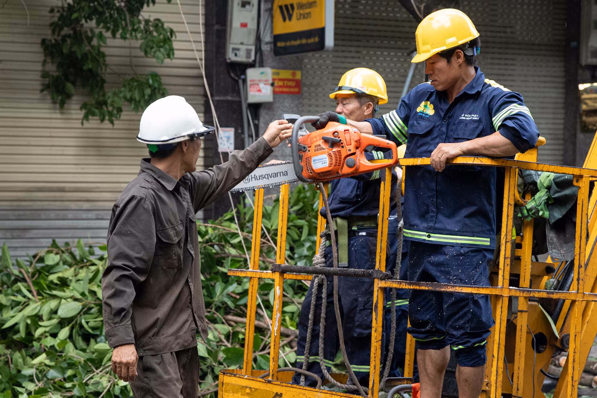 Những cán bộ, công nhân cây xanh của thành phố Hà Nội và Thành phố Hồ Chí Minh không quản mưa gió, ngày đêm khắc phục hậu quả của bão số 3.