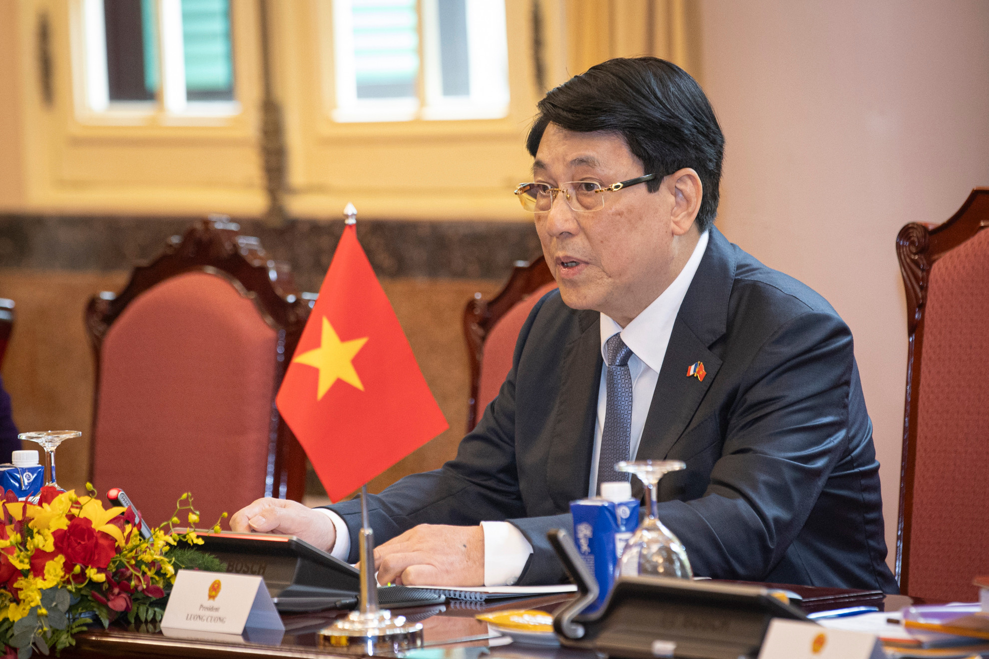 Chủ tịch nước Lương Cường phát biểu tại hội đàm.