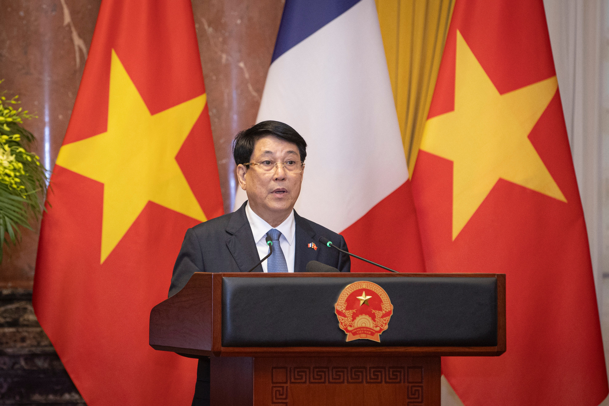 Chủ tịch nước Lương Cường phát biểu tại buổi gặp gỡ báo chí.