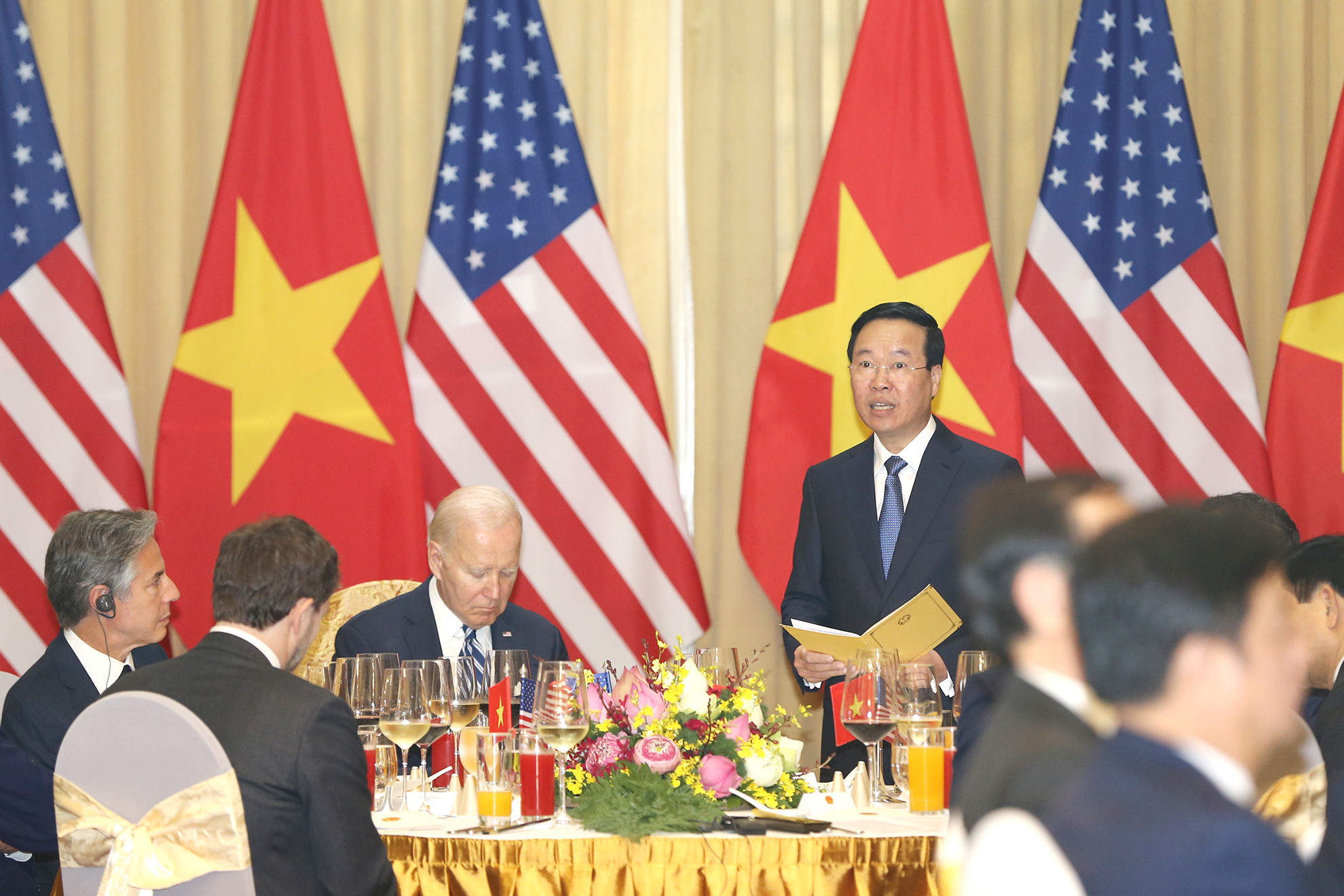 Chủ tịch nước Võ Văn Thưởng phát biểu tại buổi chiêu đãi cấp Nhà nước với Tổng thống Hoa Kỳ Joe Biden.