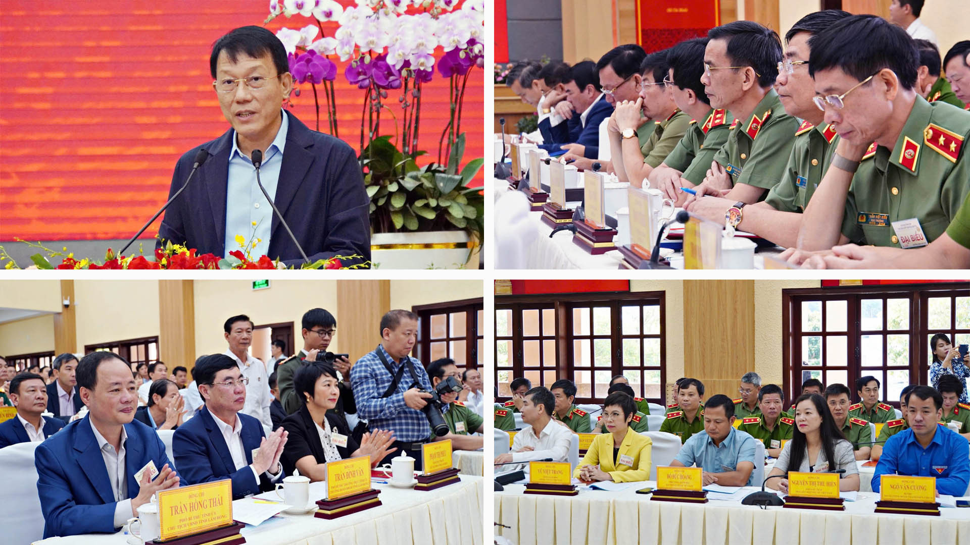 Thượng tướng Lương Tam Quang, Ủy viên Bộ Chính trị, Bộ trưởng Công an phát biểu ý kiến tại Hội nghị bảo đảm an ninh, trật tự phục vụ phát triển kinh tế-xã hội các tỉnh Tây Nguyên và đại biểu Trung ương, địa phương tham dự Hội nghị.