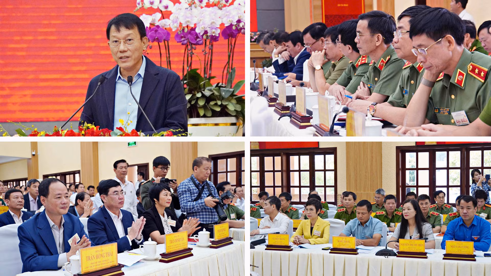 Thượng tướng Lương Tam Quang, Ủy viên Bộ Chính trị, Bộ trưởng Công an phát biểu ý kiến tại Hội nghị bảo đảm an ninh, trật tự phục vụ phát triển kinh tế-xã hội các tỉnh Tây Nguyên và đại biểu Trung ương, địa phương tham dự Hội nghị.