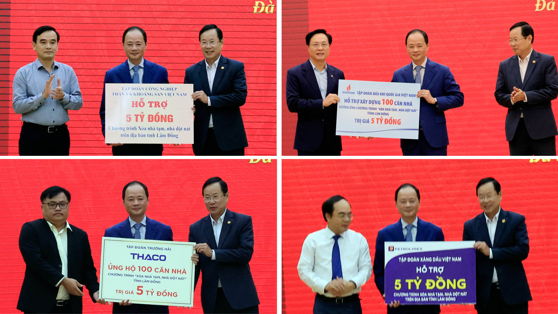 Chủ tịch Ủy ban nhân dân tỉnh Lâm Đồng Trần Hồng Thái (giữa) và Chủ tịch Ủy ban Mặt trận Tổ quốc Việt Nam tỉnh Lâm Đồng Phạm Triều (bìa phải), tiếp nhận ủng hộ Chương trình “xóa nhà tạm, nhà dột nát” trên địa bàn tỉnh từ các nhà tài trợ.