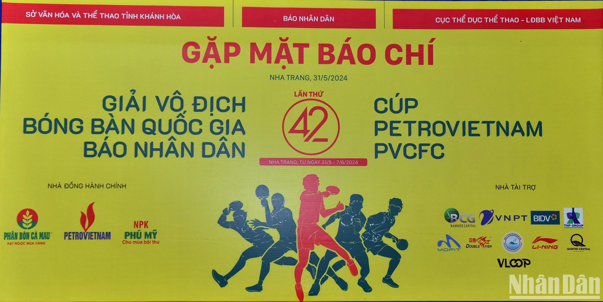 Giải vô địch Bóng bàn quốc gia Báo Nhân Dân lần thứ 42 tranh Cúp PetroVietnam-PVCFC năm 2024 hân hạnh có sự đồng hành của Tập đoàn Dầu khí Việt Nam, Công ty cổ phần Phân bón Dầu khí Cà Mau và Tổng công ty Phân bón và Hóa chất Dầu khí Việt Nam.