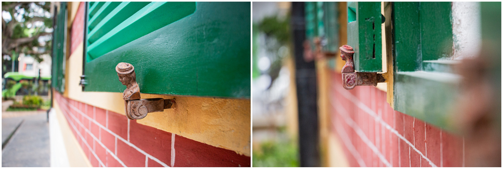 Để tránh cho các cánh cửa sổ bị dập vào tường khi mở ra, mỗi cánh đều có một chốt chặn được gọi là chốt "cô gái chăn cừu". Kiểu chốt chặn này được làm bằng kim loại, thường có hình dạng như nửa thân trên của một cô gái đội chiếc mũ phẳng. Đây là phụ kiện thường sử dụng vào thế kỷ XVIII, chịu ảnh hưởng của trào lưu nghệ thuật Rococo (các họa tiết hoa mỹ, nhẹ nhàng và gợi hình đồng quê). Việc sử dụng chốt chặn cánh cửa sổ khi đó còn khá hiếm ở Hà Nội, nơi hầu hết cánh cửa chớp không được mở hết cỡ vì vẫn có các hốc tường dày chặn lại.