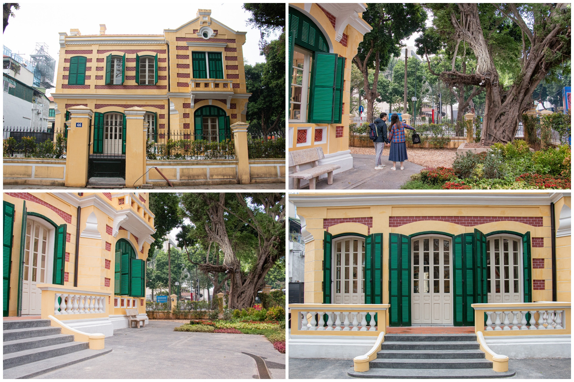 Mặt bên của căn biệt thự hướng ra cửa phụ số 46 phố Hàng Bài cũng được xây dựng bậc tam cấp. Lối đi này dẫn ra sân vườn được trồng nhiều loại cây cảnh bên cạnh cây si có tuổi đời vài chục năm.