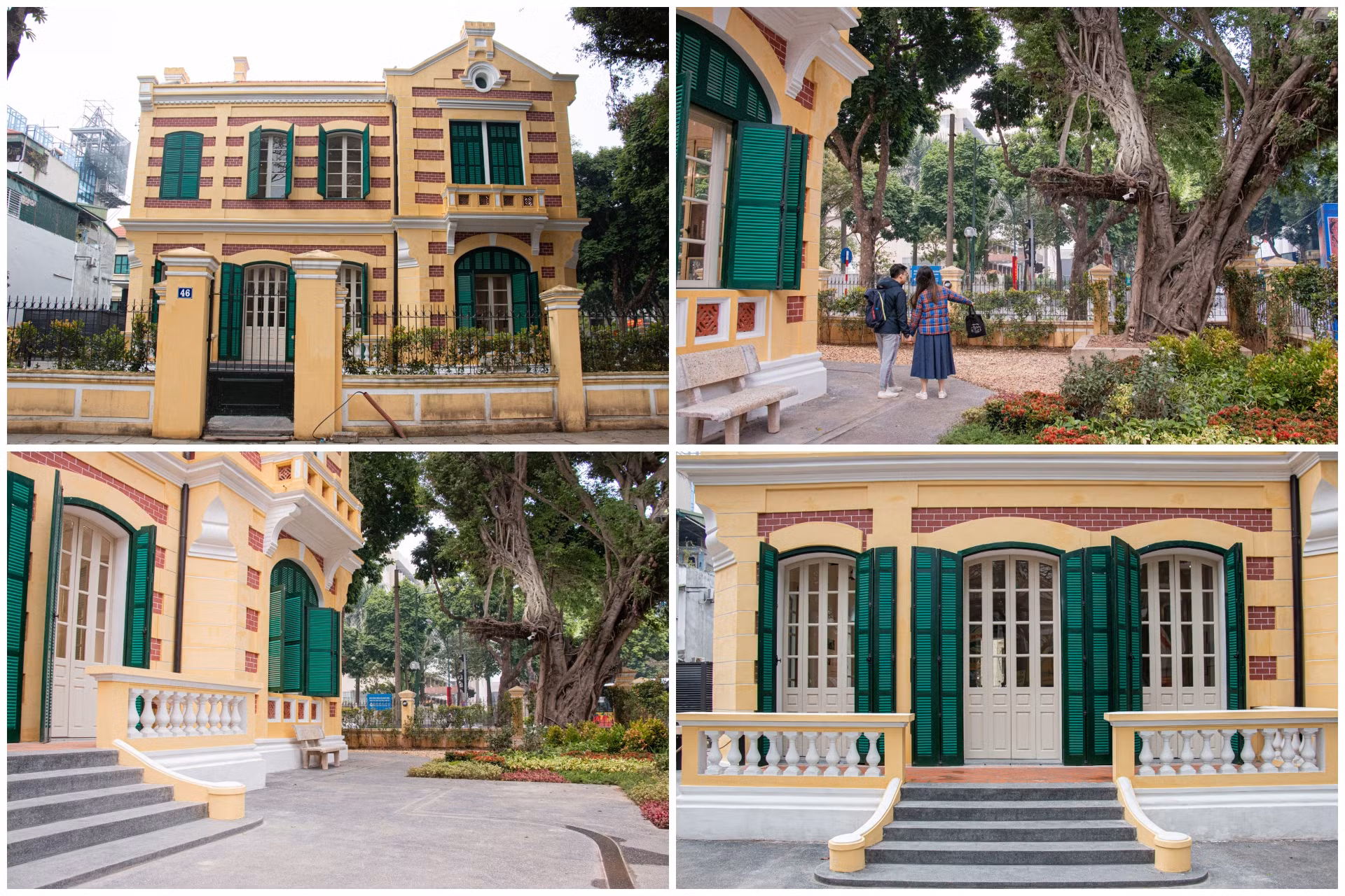 Mặt bên của căn biệt thự hướng ra cửa phụ số 46 phố Hàng Bài cũng được xây dựng bậc tam cấp. Lối đi này dẫn ra sân vườn được trồng nhiều loại cây cảnh bên cạnh cây si có tuổi đời vài chục năm.