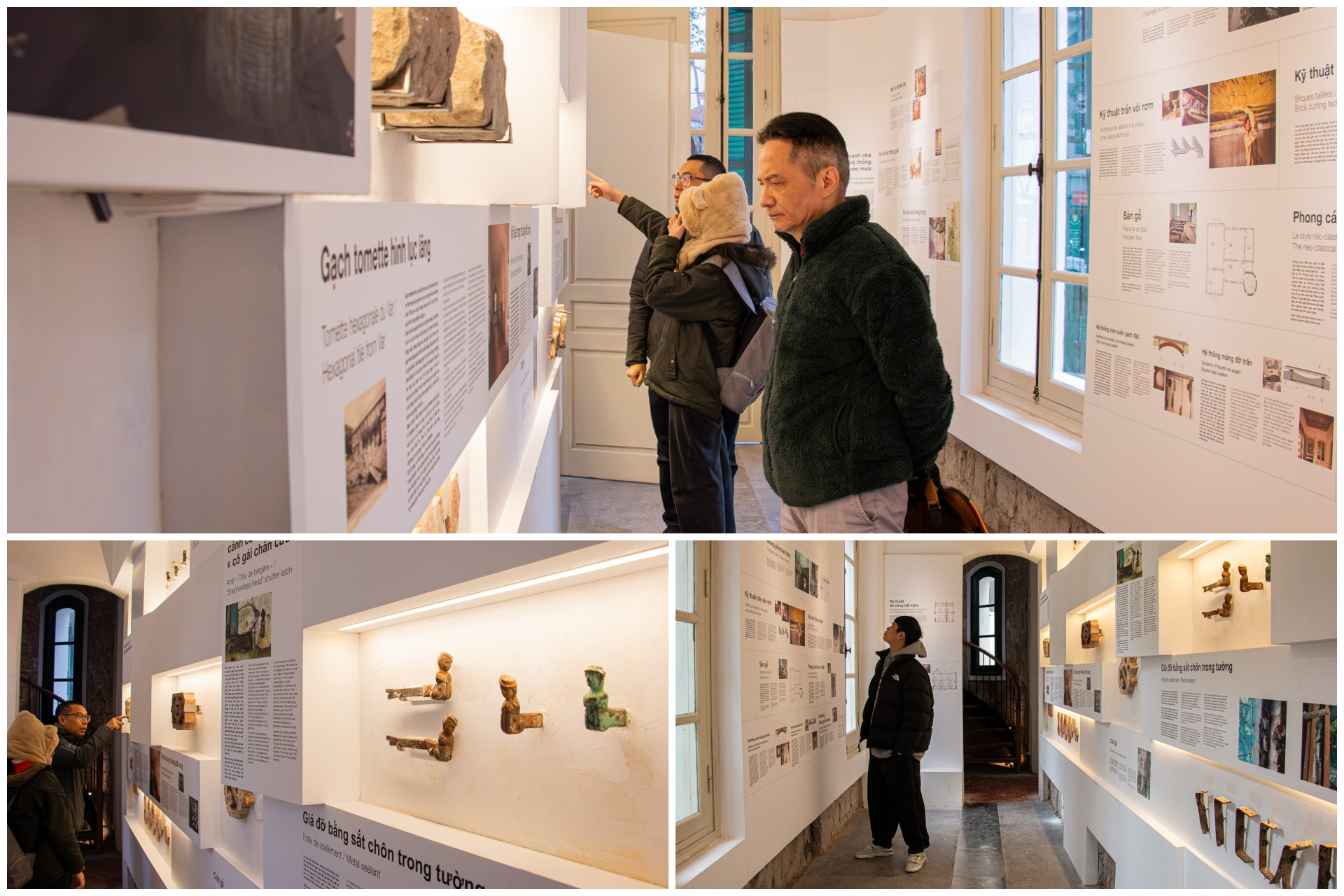 Một số hiện vật được trưng bày như các viên gạch dùng để xây biệt thự, chốt cửa sắt, sứ cách điện, vật liệu trang trí bằng đất nung,...