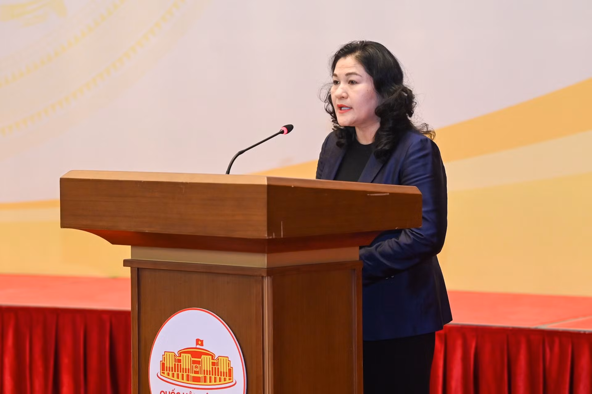 Thứ trưởng Lao động Thương binh và Xã hội Nguyễn Thị Hà trình bày báo cáo tại hội nghị.