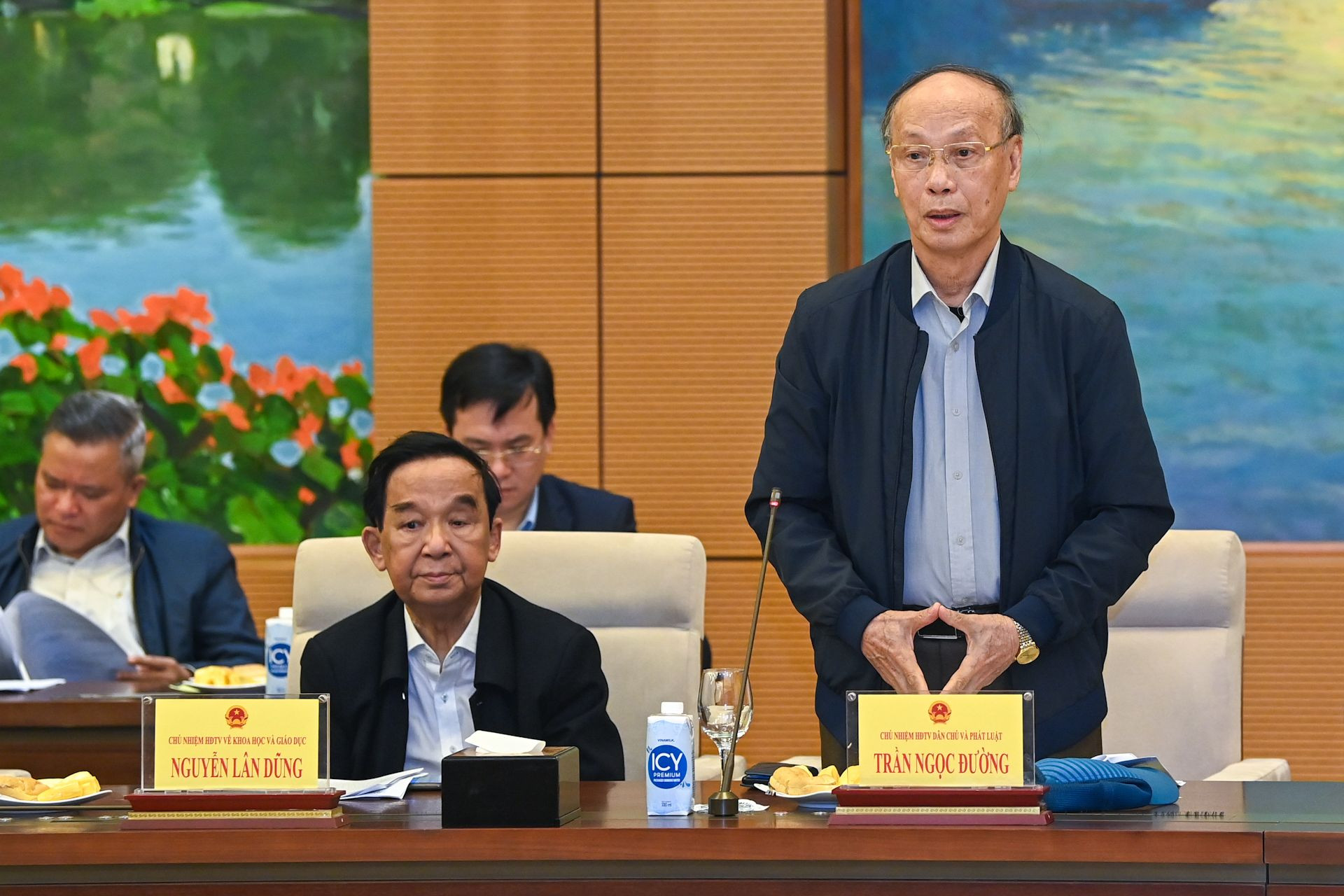 Chủ nhiệm Hội đồng tư vấn về Dân chủ - Pháp luật, Ủy ban Trung ương Mặt trận Tổ quốc Việt Nam Trần Ngọc Đường phát biểu ý kiến tại hội nghị.