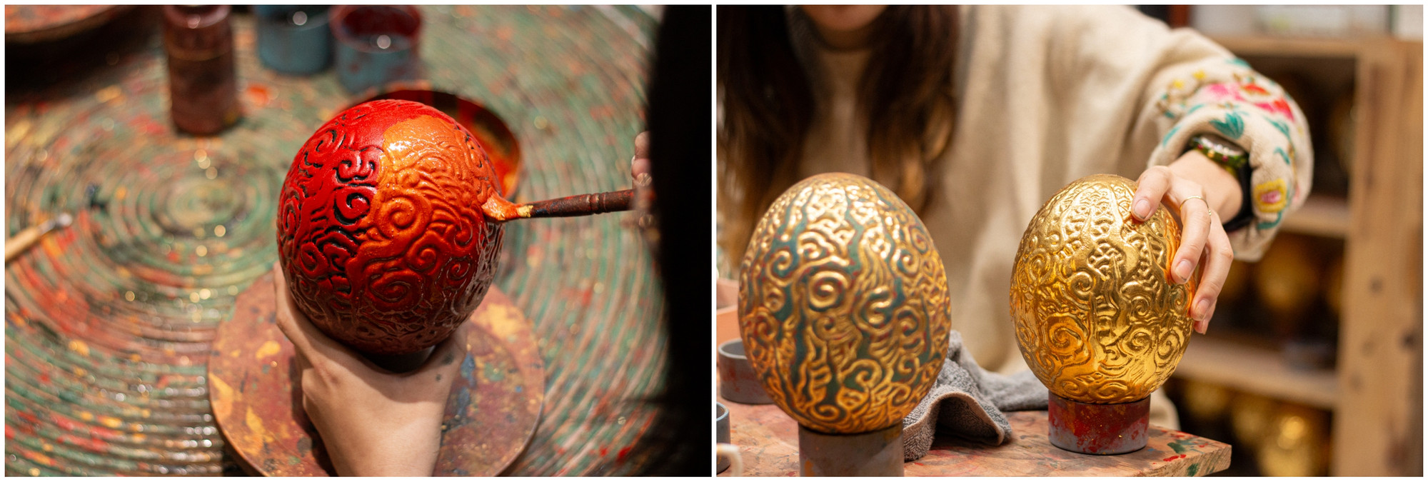 Toàn bộ quả trứng được bao bọc bởi lớp lớp vảy hoa xếp chồng hình lá đề như lớp áo giáp bảo vệ, che chở, tượng hình cho chữ “Giáp Thìn” của năm mới.