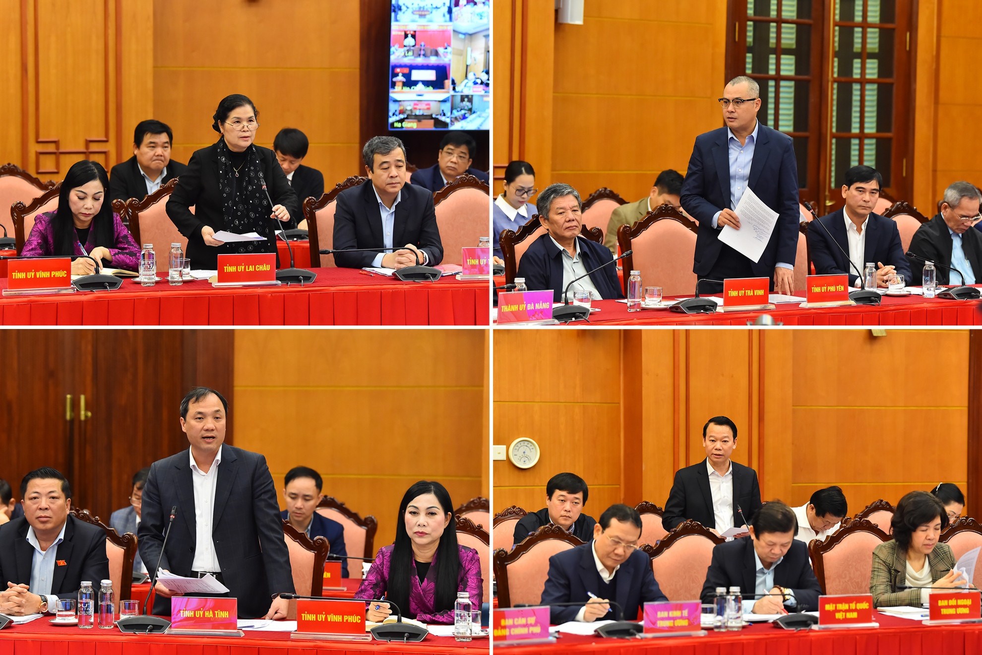 Các đồng chí Bí thư Tỉnh ủy Lai Châu, Phú Yên, Hà Tĩnh và Yên Bái phát biểu ý kiến tại hội nghị.