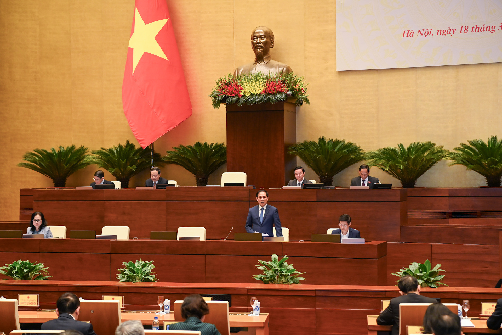 Bộ trưởng Ngoại giao Bùi Thanh Sơn phát biểu về nhóm vấn đề chất vấn.