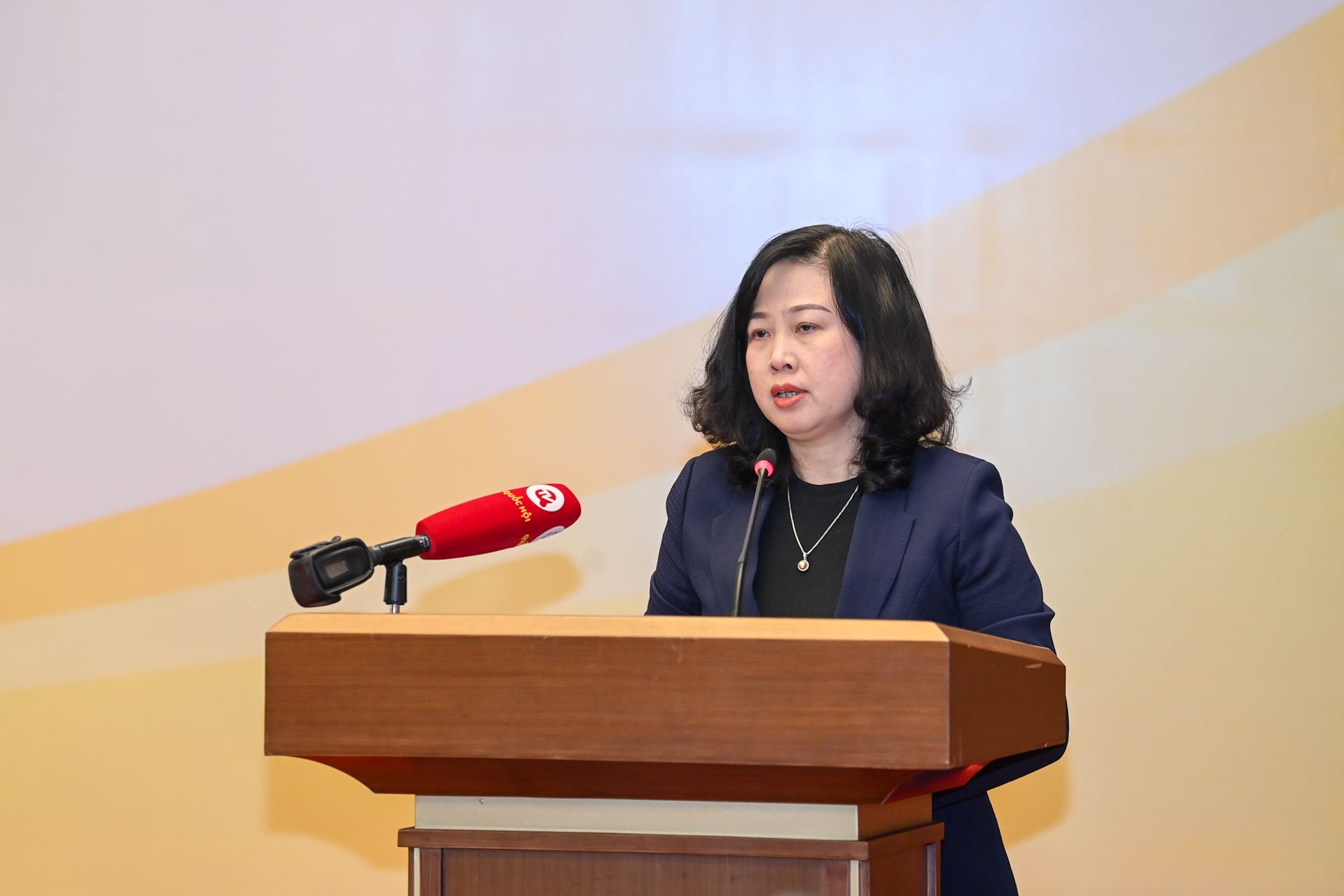 Bộ trưởng Y tế Đào Hồng Lan trình bày báo cáo tại hội nghị. Bộ trưởng Y tế Đào Hồng Lan trình bày báo cáo tại hội nghị.