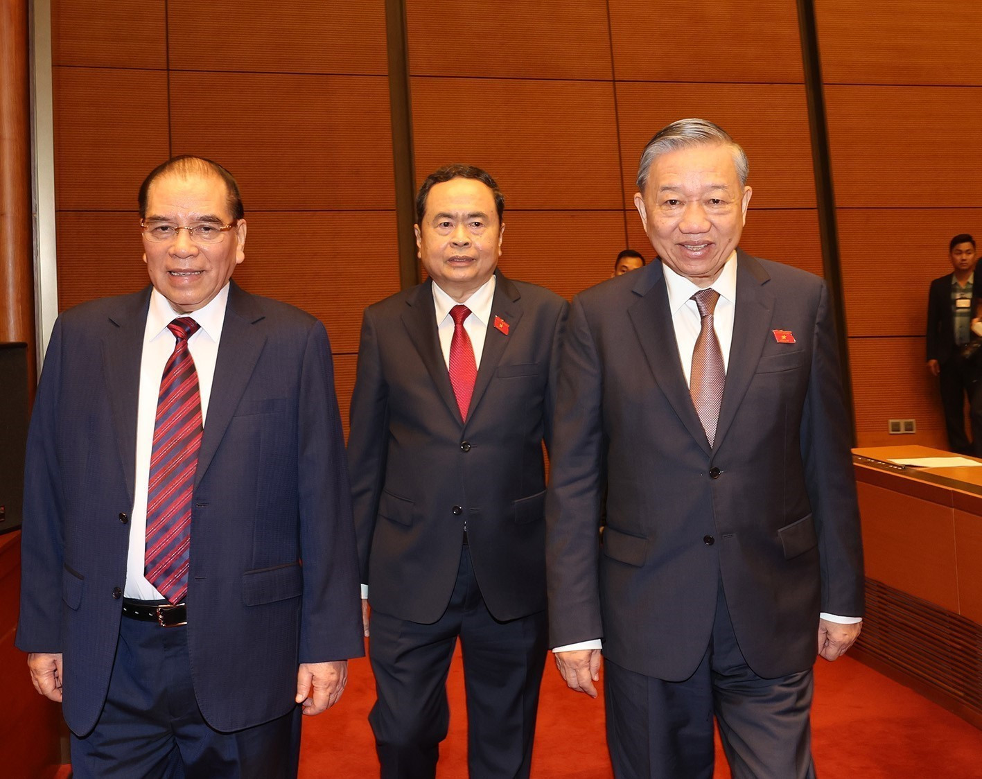 Tổng Bí thư, Chủ tịch nước Tô Lâm cùng các đồng chí lãnh đạo và nguyên lãnh đạo Đảng, Nhà nước đến dự Kỳ họp thứ 8, Quốc hội khóa XV. Ảnh: Trí Dũng - TTXVN