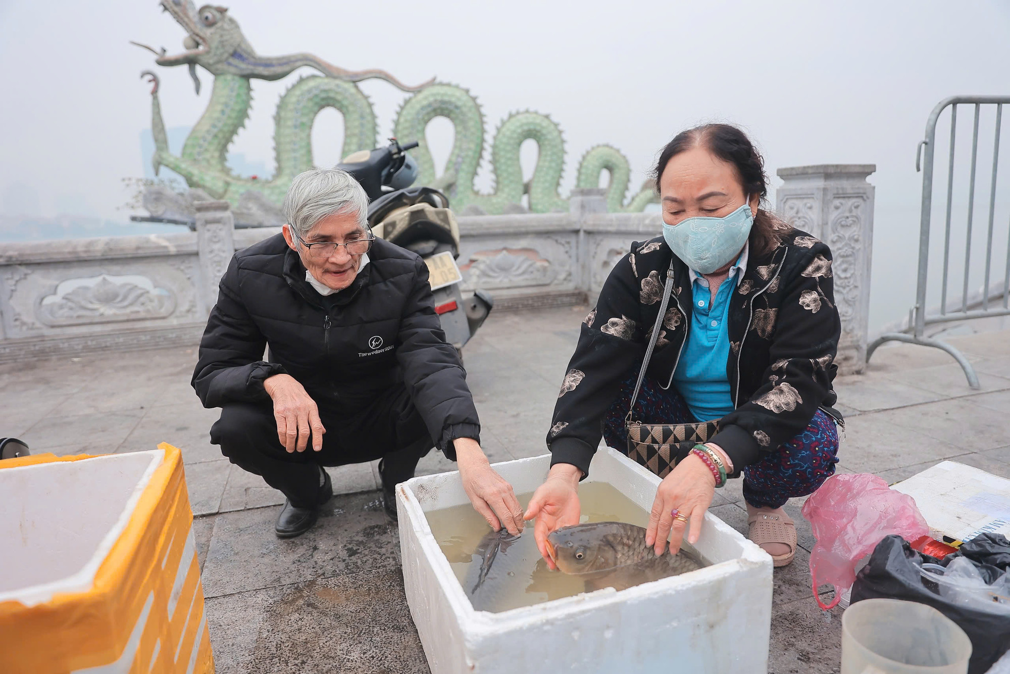 Ngoài cá vàng, nhiều hộ gia đình cũng phóng sinh cá chép lớn với mong muốn may mắn, bình an.