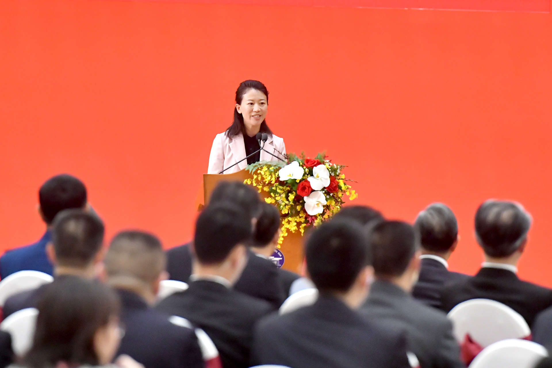 Cán bộ Hội Hữu nghị Đối ngoại nhân dân tỉnh Vân Nam (Trung Quốc) Diệp Tú Bình phát biểu tại cuộc gặp gỡ nhân sĩ hữu nghị và thế hệ trẻ Việt Nam-Trung Quốc.