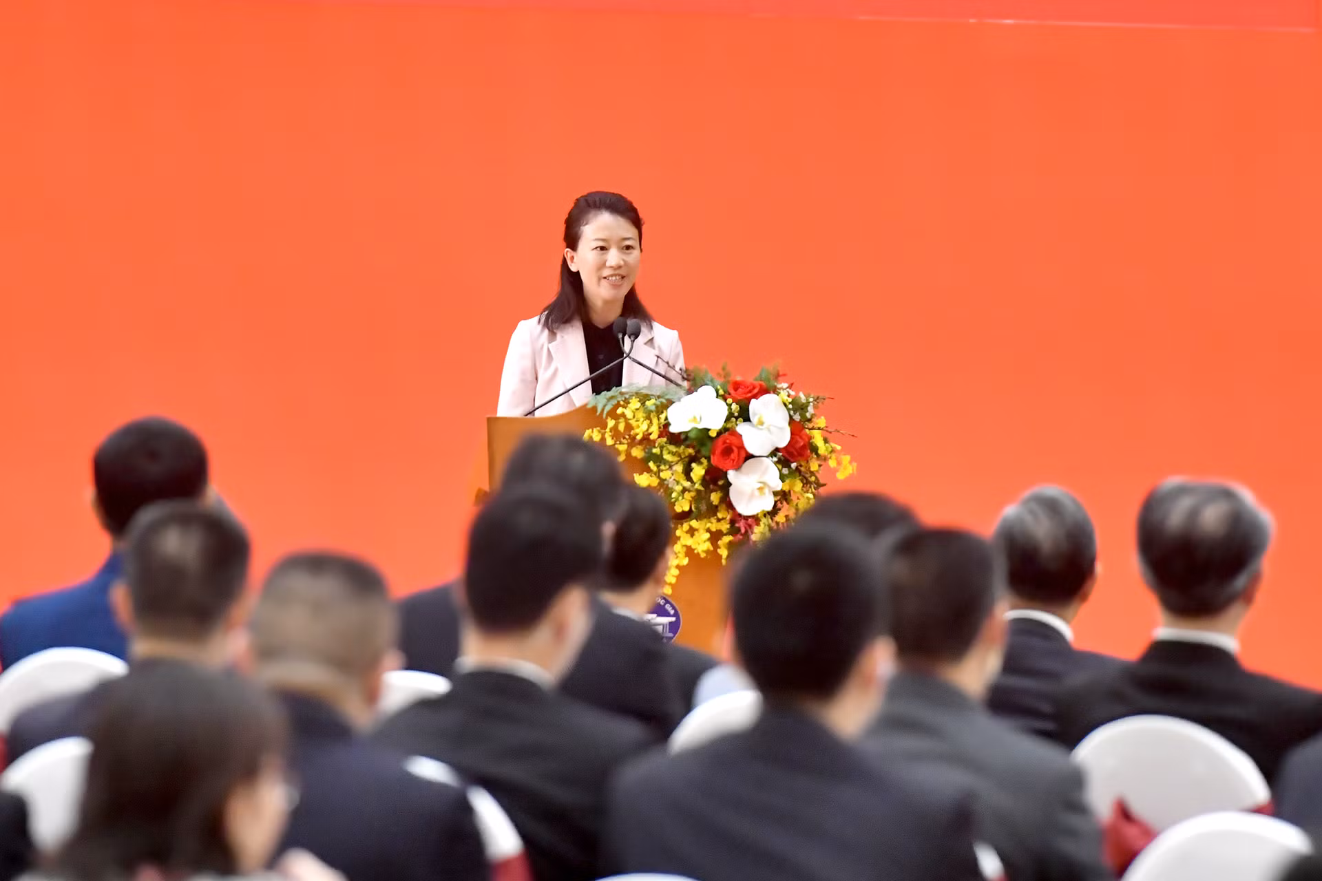 Cán bộ Hội Hữu nghị Đối ngoại nhân dân tỉnh Vân Nam (Trung Quốc) Diệp Tú Bình phát biểu tại cuộc gặp gỡ nhân sĩ hữu nghị và thế hệ trẻ Việt Nam-Trung Quốc.
