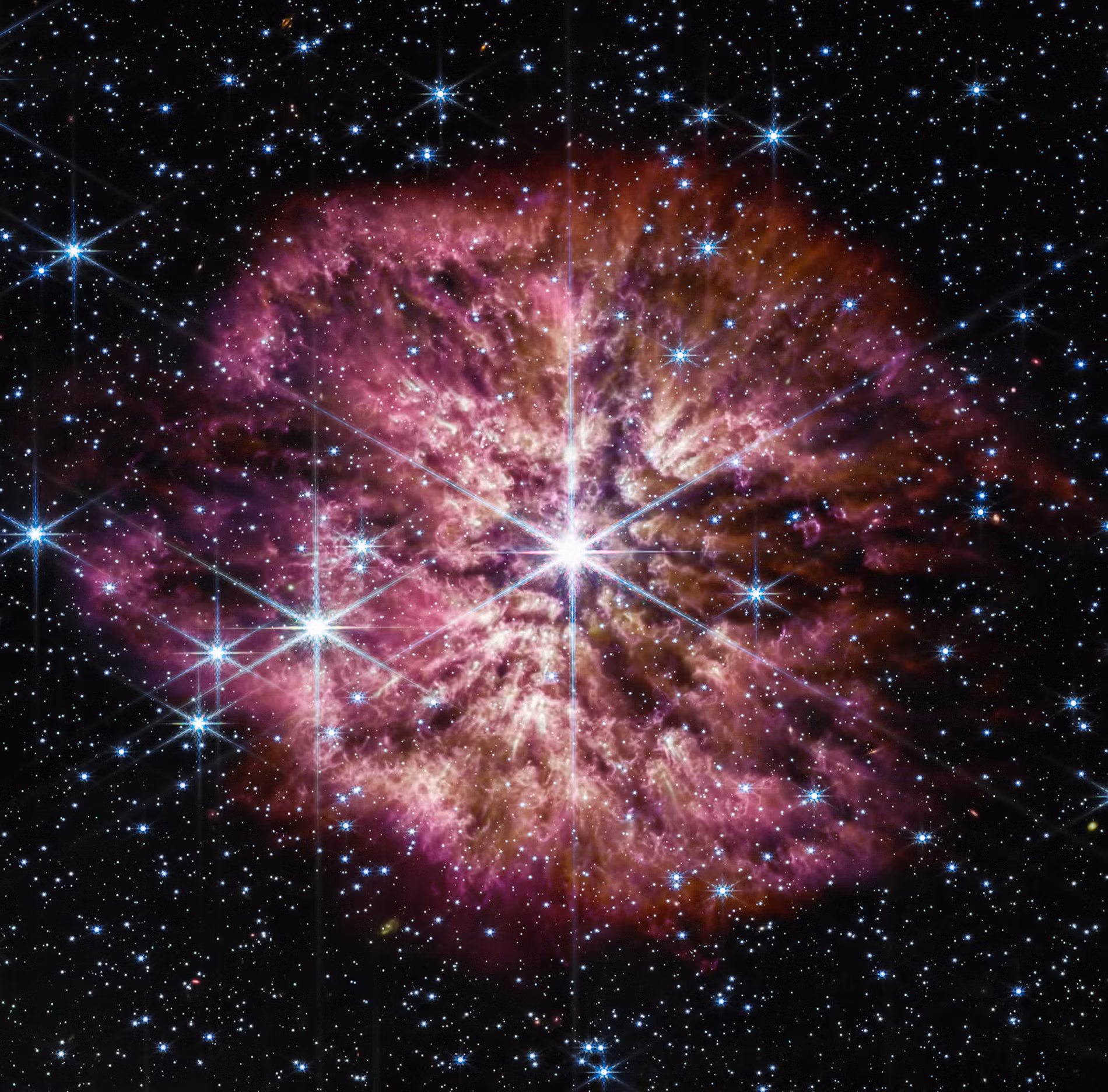 Kính thiên văn James Webb Space đã ghi lại hình ảnh rực rỡ của ngôi sao Wolf-Rayet, được gọi là WR 124 trong chòm sao Nhân Mã. Các ngôi sao Wolf-Rayet nằm trong số những ngôi sao khổng lồ và rực rỡ nhất vũ trụ. Ảnh: NASA/ESA/CSA/STSCI/ERO Production Team