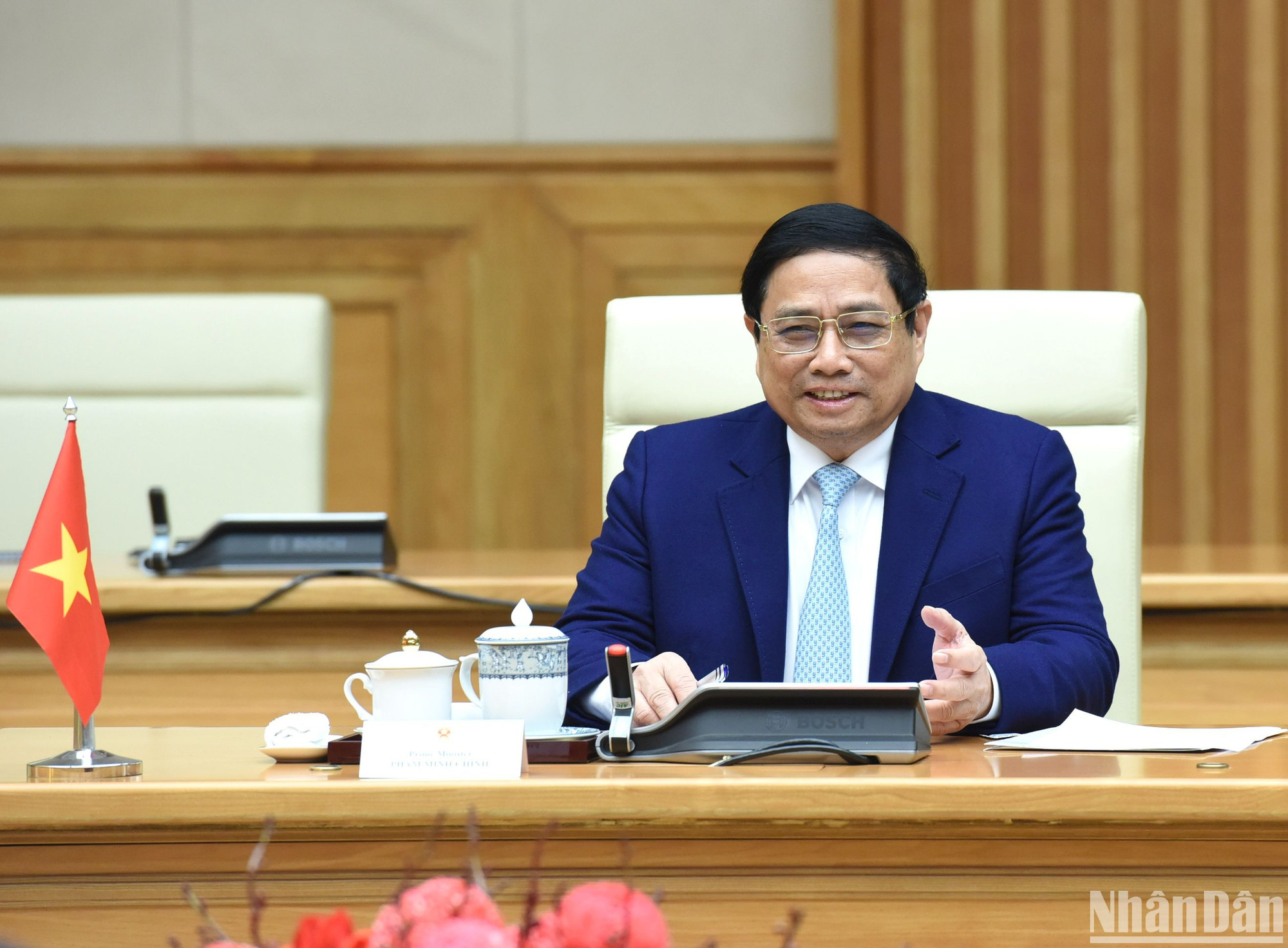 Thủ tướng Phạm Minh Chính phát biểu tại buổi hội kiến Tổng thống Cộng hòa Liên bang Đức Frank-Walter Steinmeier.