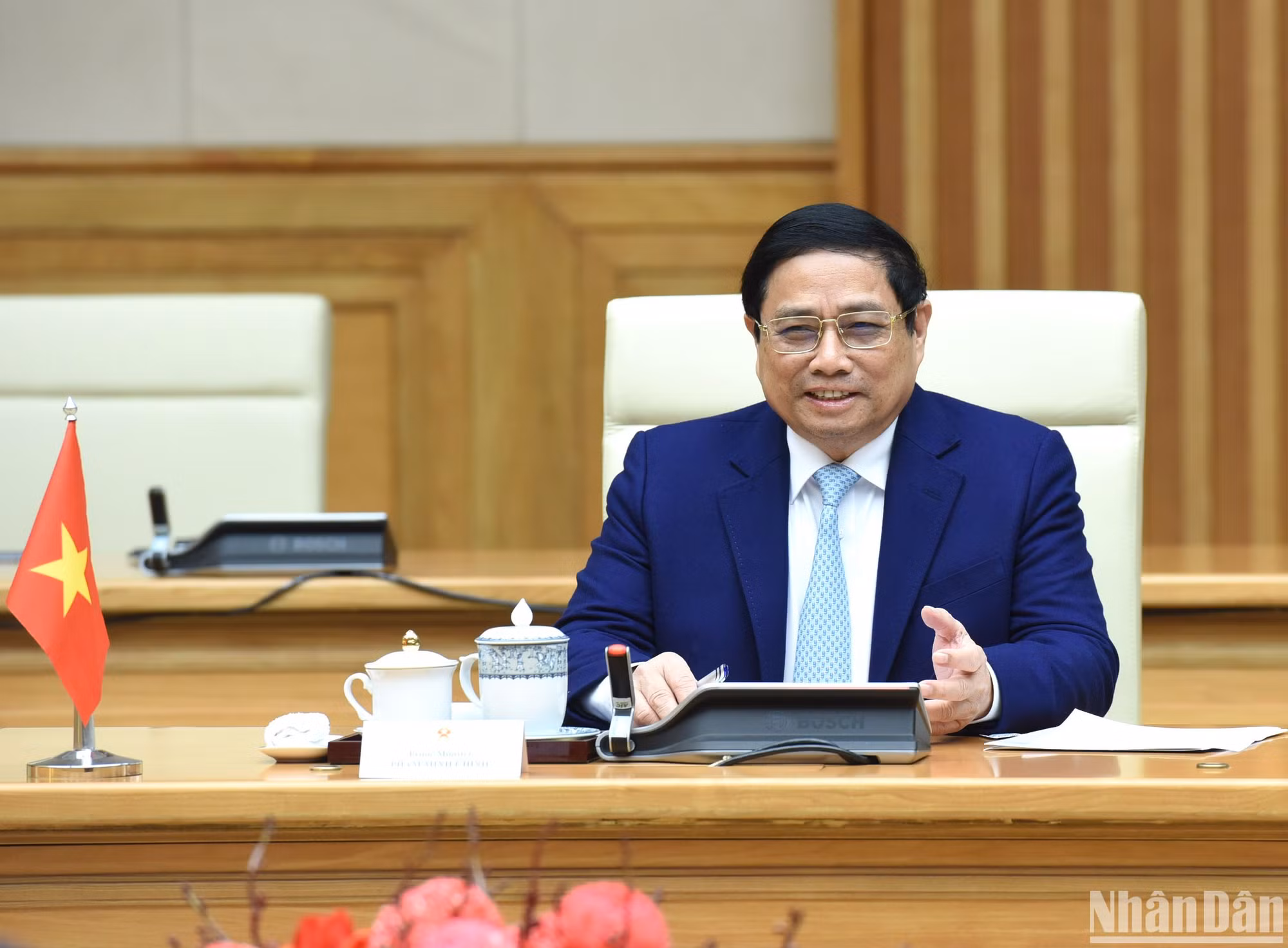 Thủ tướng Phạm Minh Chính phát biểu tại buổi hội kiến Tổng thống Cộng hòa Liên bang Đức Frank-Walter Steinmeier.