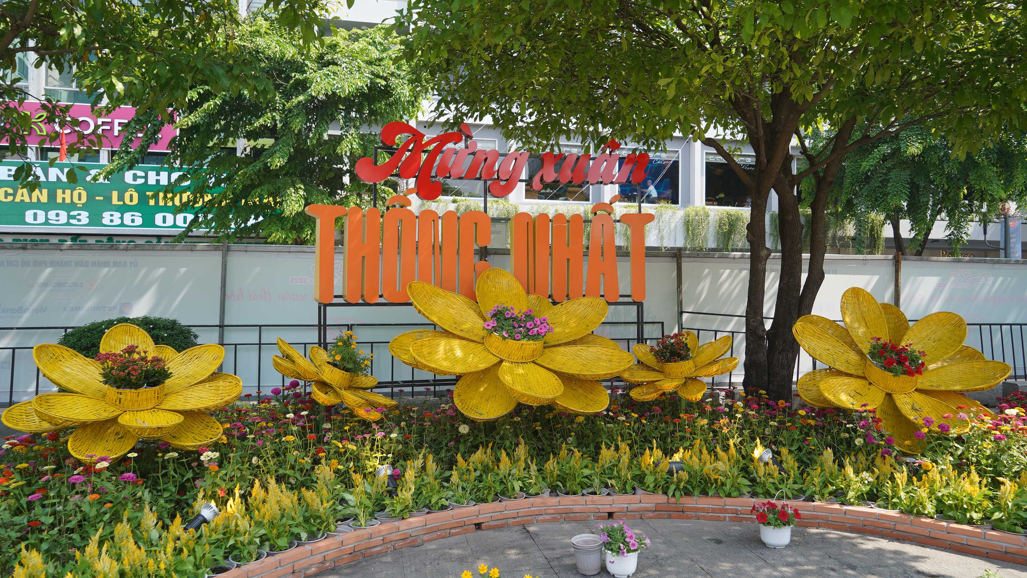 Tiểu cảnh “Mừng tết năm mươi ,Mừng xuân thống nhất” rực rỡ sắc hoa bằng mây tre đan, cúc mâm xôi tím.