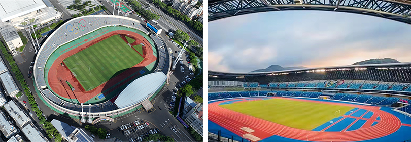Sân vận động Trung tâm Thể thao Ôn Châu (ảnh trái) và Sân vận động Trung tâm Thể thao Olympic Ôn Châu (ảnh phải).