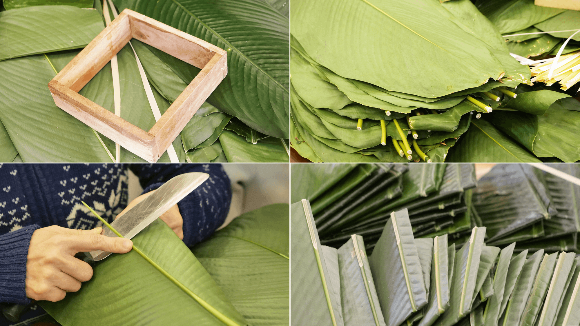 Công đoạn tỉa cắt và gấp lá dong.