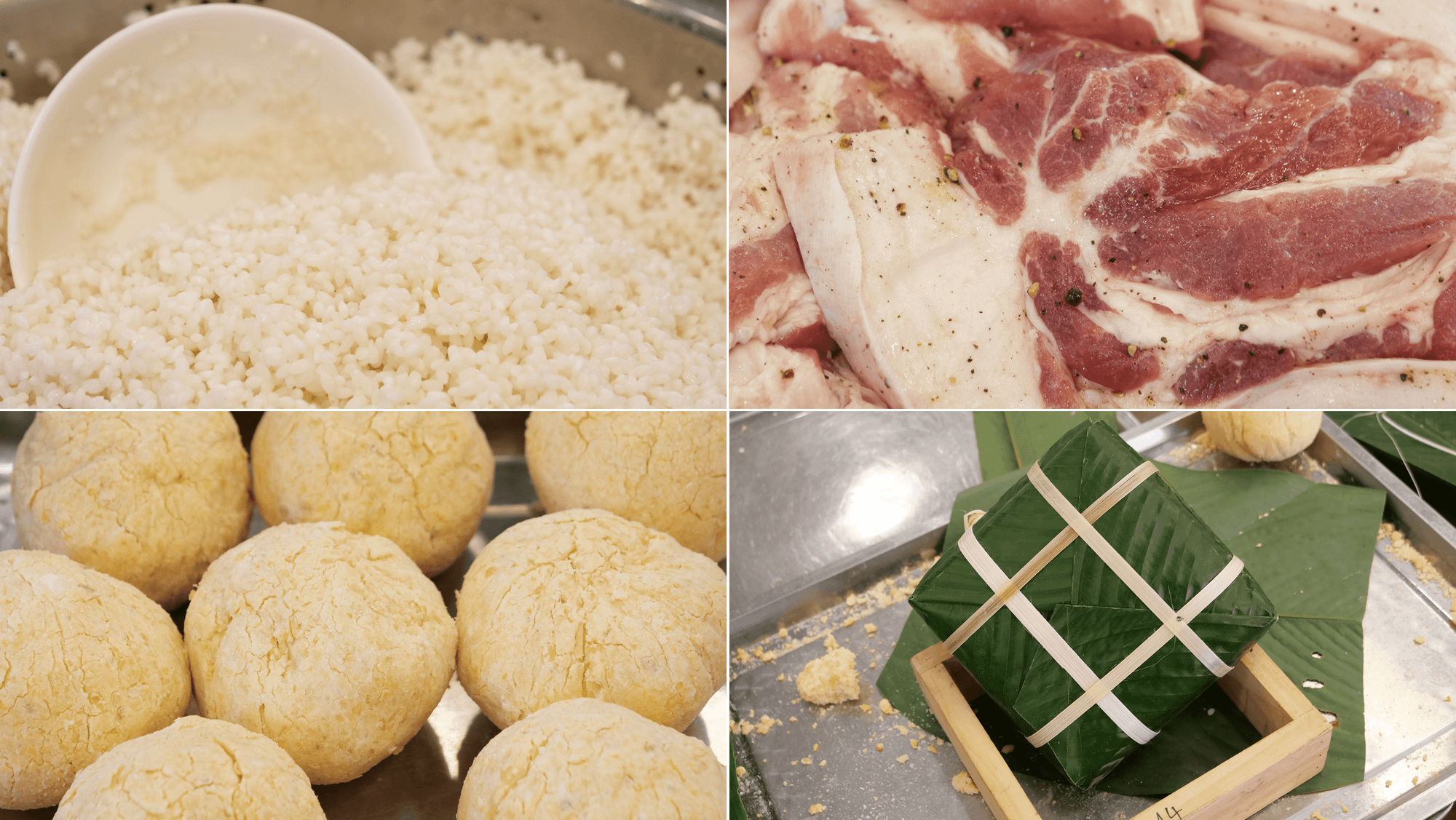 Nguyên liệu gạo nếp, thịt lợn, đỗ xanh đều được chuẩn bị từ hôm trước.