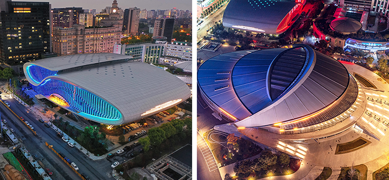 Cung thể thao dưới nước (ảnh trái) và Nhà thi đấu (ảnh phải) Trung tâm thể thao Hoàng Long.