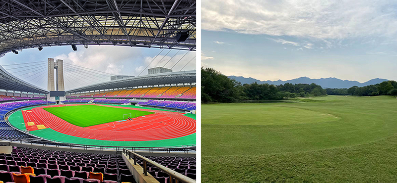 Sân vận động Trung tâm thể thao Hoàng Long (ảnh trái) và một góc Sân golf quốc tế Tây Hồ (ảnh phải).