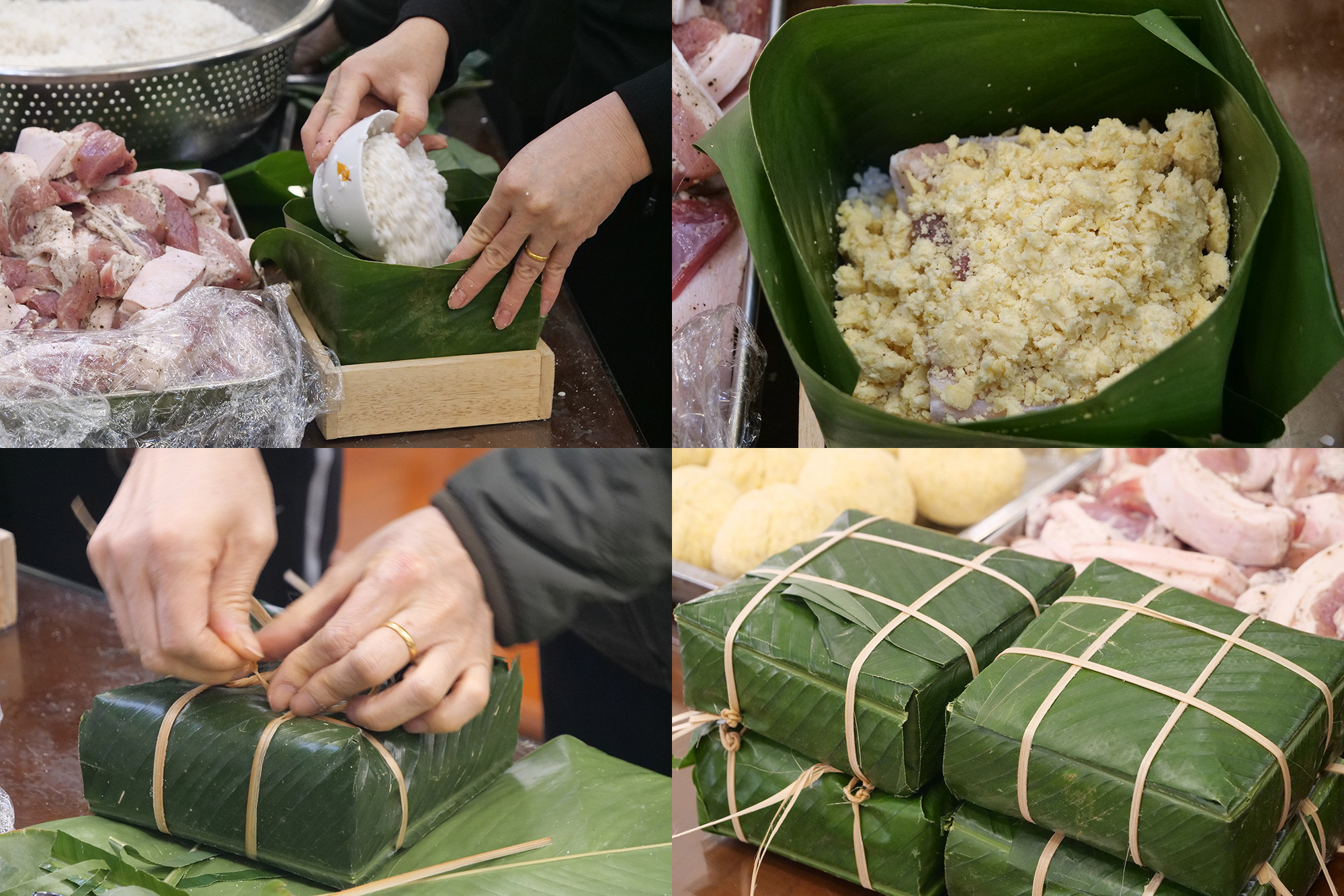Các bước gói hoàn thiện một chiếc bánh chưng.